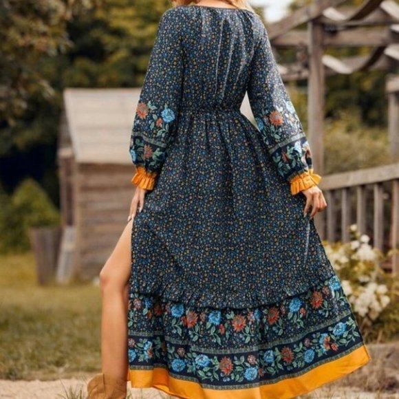Boho blue Ditsy Floral Flounce long Sleeve Split Thigh Maxi Cottagecore Dress - Picture 3 of 6